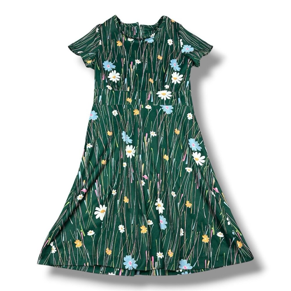 Vtg 70's Women's Shift Dress Green Retro Floral Print Polyester 32” W 40” L